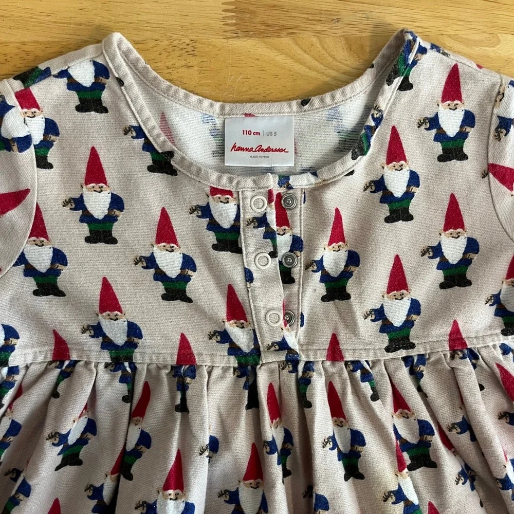 Hanna Andersson Kids Gnome Print Long Sleeve Ruffle Hem Dress Tan Size 110 US 5